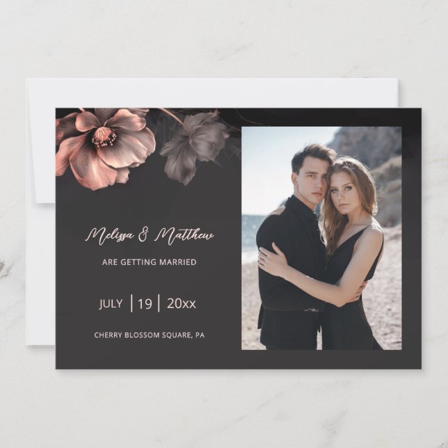 Pink Metallic Flowers Black Wedding Save The Date (Front)