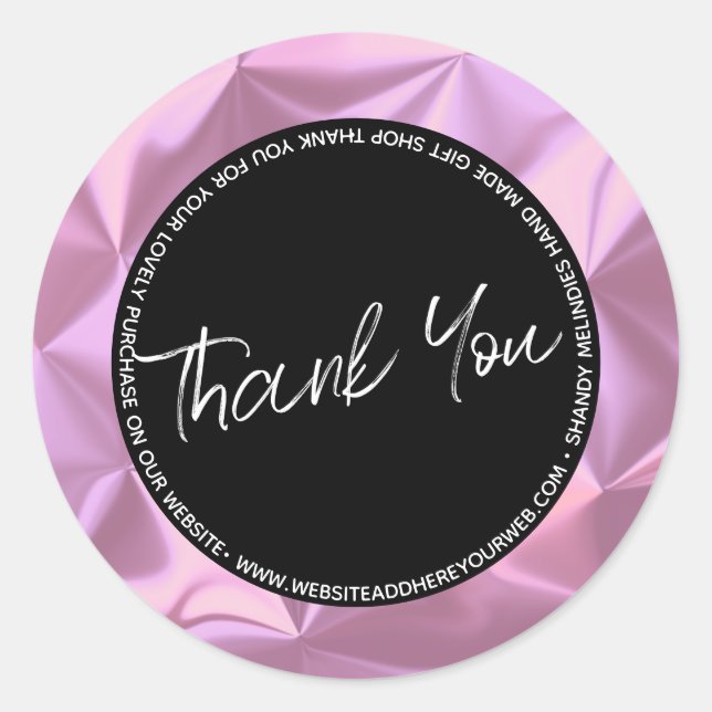 Pink Metallic Script Business Thank You   Classic Round Sticker (Front)