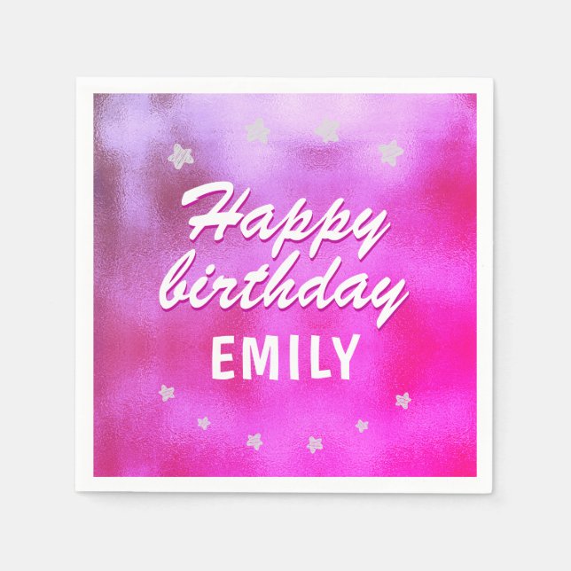 Pink Metallic Star Girly Happy Birthday Napkin (Front)