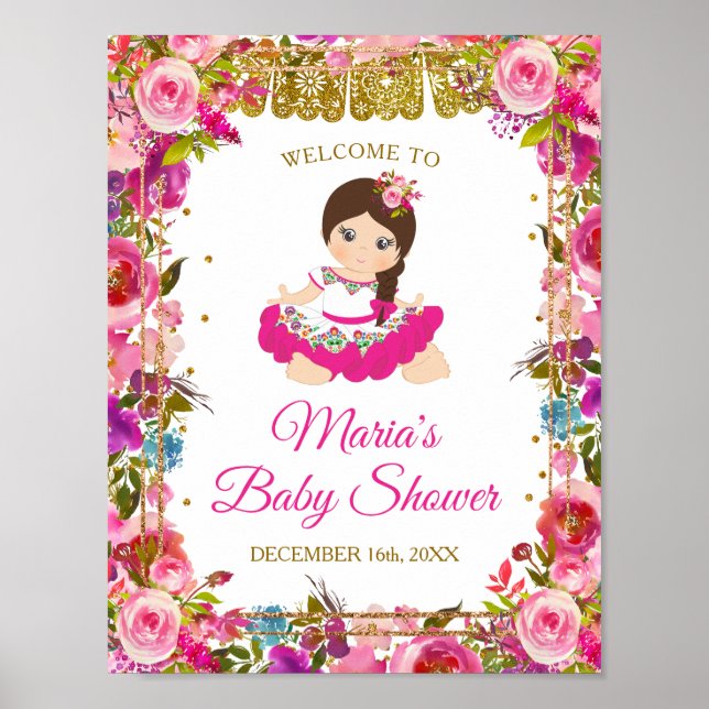 Pink Mexican Girl Fiesta Baby Shower Gold Glitter Poster (Front)