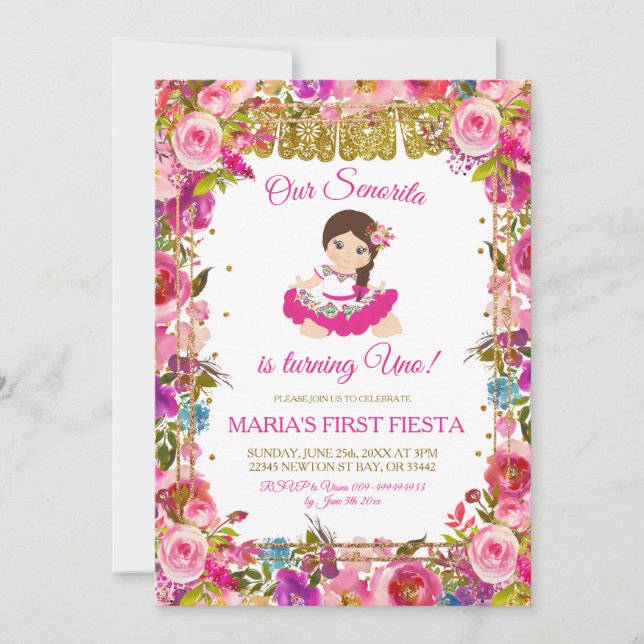 Pink Mexican Girl Fiesta Is Turning Uno Birthday Invitation (Front)