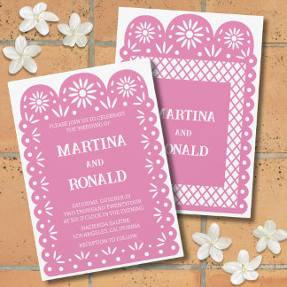 Pink Mexican papel picado wedding invitation
