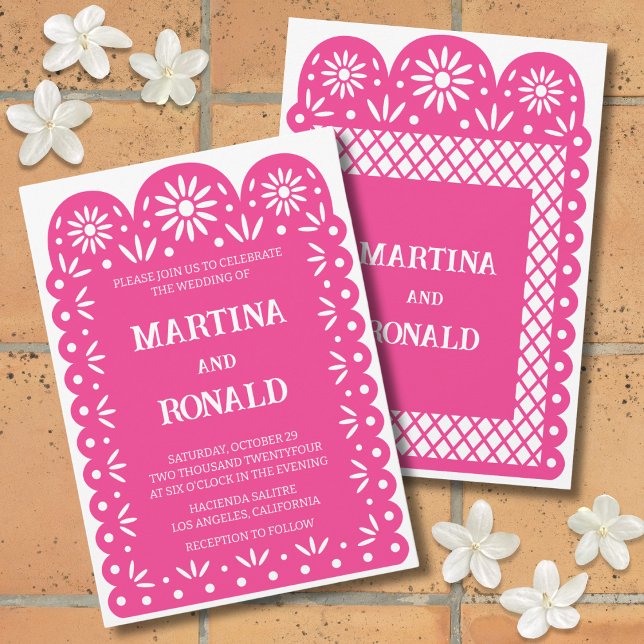 Pink Mexican papel picado wedding invitation (Creator Uploaded)