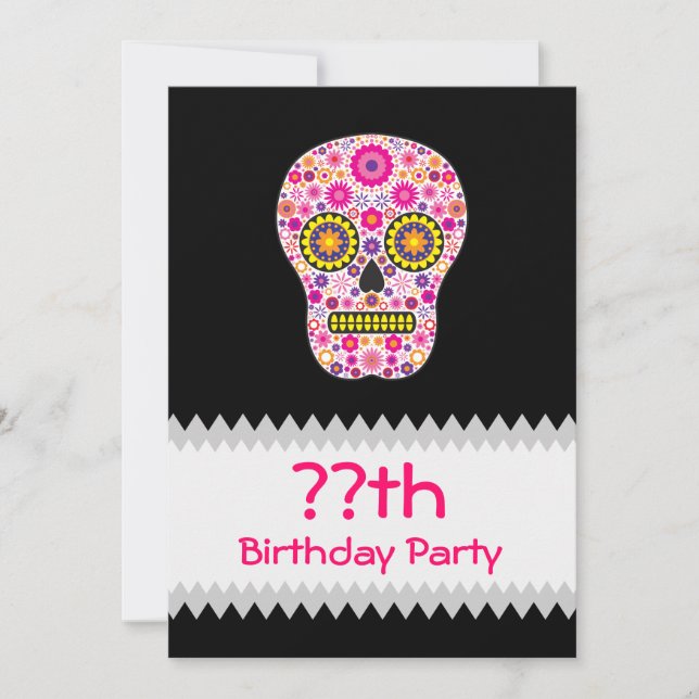 Pink Mexican Sugar Skull Birthday Invitation (Front)