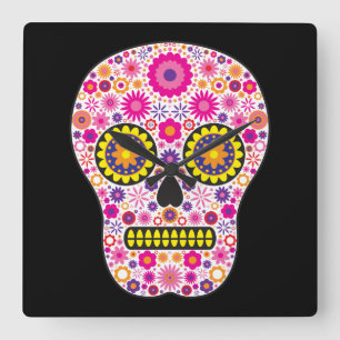 Pink Mexican Sugar Skull Square Wall Clock