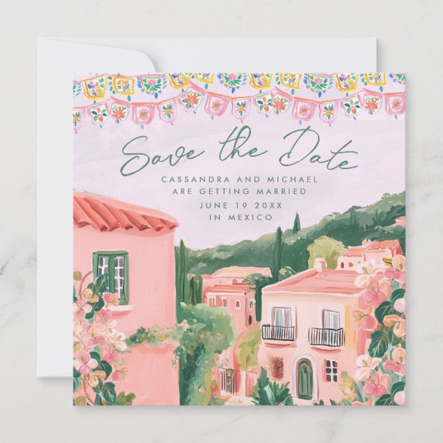 Pink Mexican Town Destination Wedding Save The Date (Front)