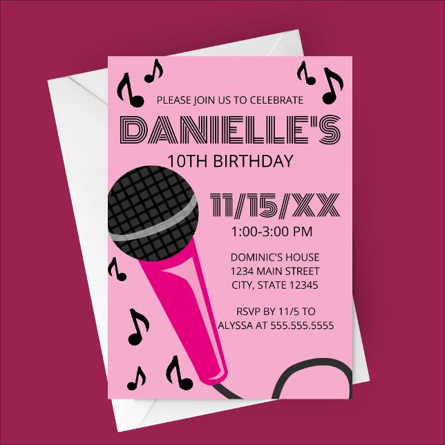 Pink Microphone Kids Birthday Invitation (Pink Microphone Karaoke Birthday Party Invitation)