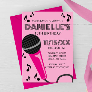 Pink Microphone Kids Birthday Invitation