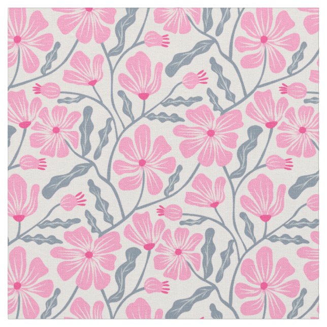 Pink Mid Century Modern Floral Pattern Fabric (Close Up)