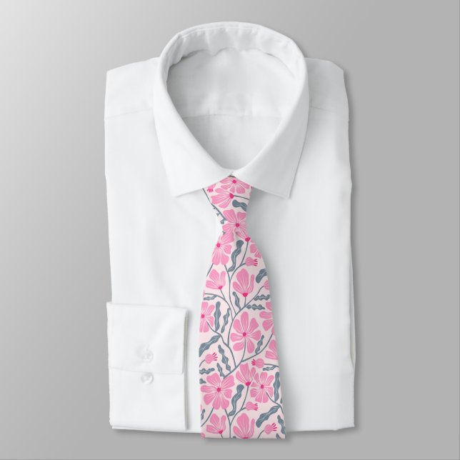 Pink Mid-Century Modern Floral Pattern Tie (Tied)