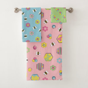 Pink Mid Century Retro Honey Bees Bath Towel Set