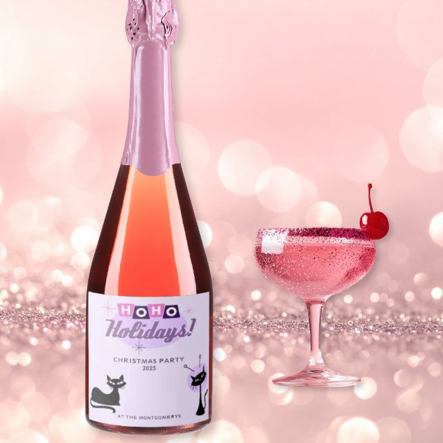 Pink Midcentury Modern Christmas Party Sparkling Wine Label (Creator Uploaded)