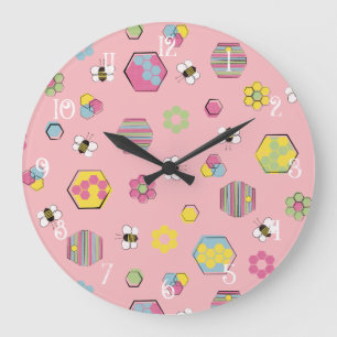 Pink Midcentury Retro Honey Bee Pattern Large Clock