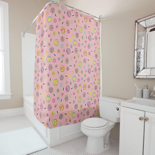 Pink Midcentury Retro Honey Bee Pattern Shower Curtain (In Situ)