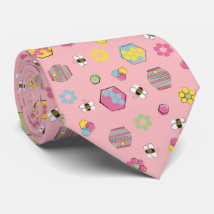Pink Midcentury Retro Honey Bee Pattern Tie