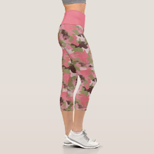 Pink Military Khaki Brown Green Camouflage Pattern Capri Leggings