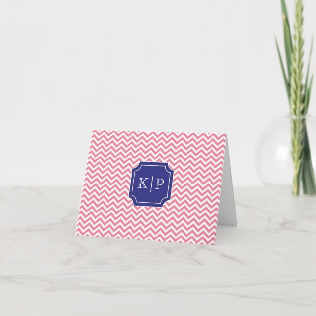 Pink Mini Chevron Monogram Folded Note Card (Front)