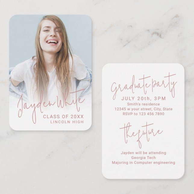 Pink Mini Modern Script Photo Graduation Invite (Front/Back)