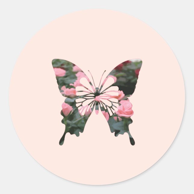 Pink Mini Roses Digital Flower butterfly Classic Round Sticker (Front)