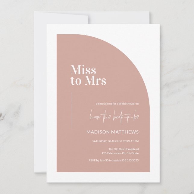 Pink Minimal Half Arch Miss to Mrs Bridal Shower I Invitation (Front)