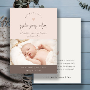 Pink Minimal Heart Script Photo Birth Announcement