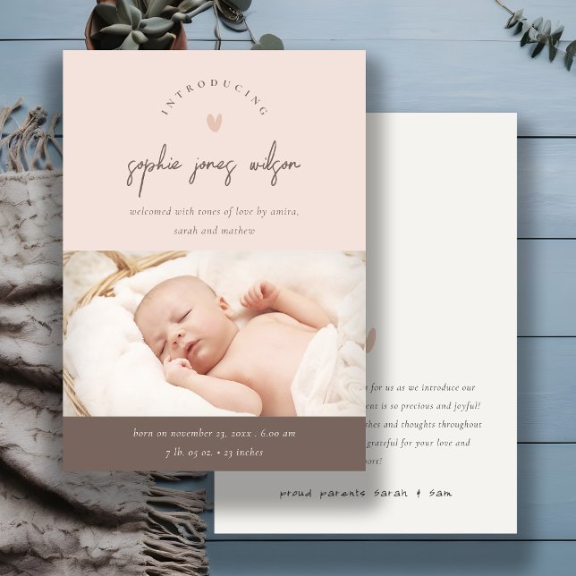 Pink Minimal Heart Script Photo Birth Announcement (Creator Uploaded)