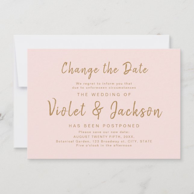 Pink minimal script change the date postponement invitation (Front)