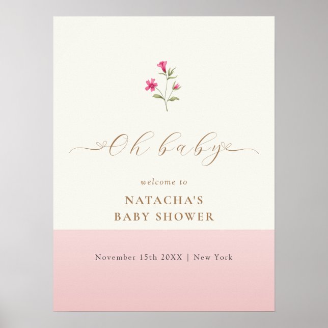Pink Minimal Wildflower Baby Shower Welcome  Poster (Front)