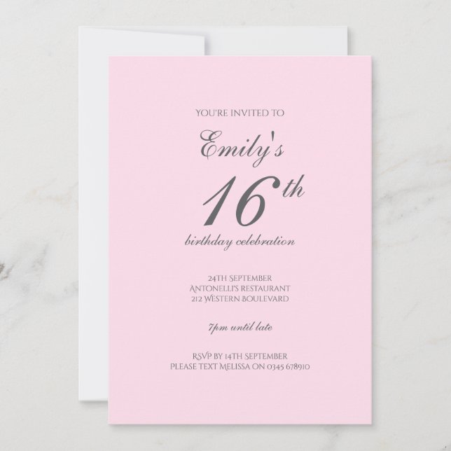 Pink Minimalist 16th Birthday Party Invitation (Front)