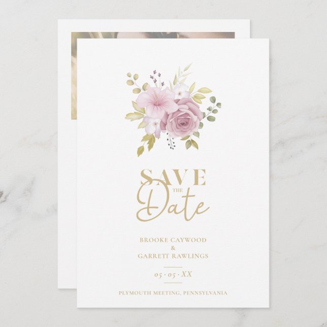 Pink Minimalist Botanical Flowers Bouquet Wedding  Save The Date (Front/Back)