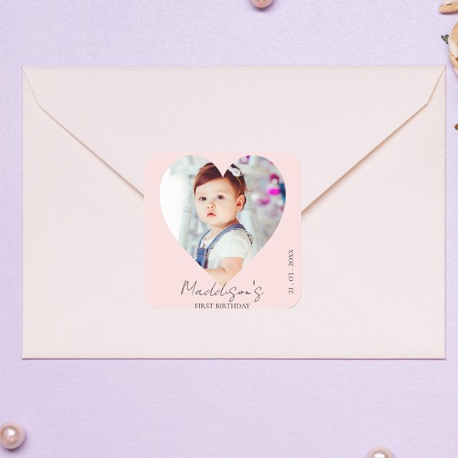Pink Minimalist Photo First Birthday Party Square Sticker (Pink Minimalist Photo First Birthday Party Square Sticker)