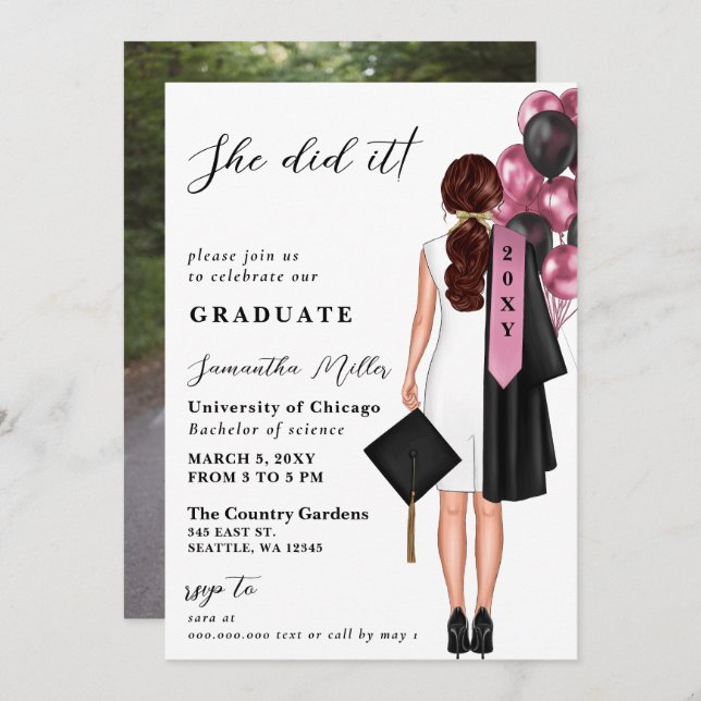 Pink Minimalist Photo She Did It Graduation  Invitation (Front/Back)