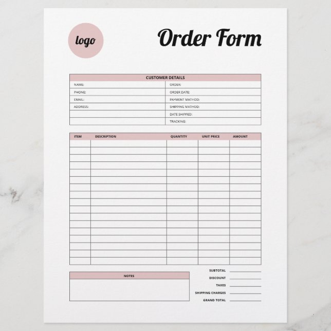Pink Minimalist Product Order Form  Custom Letterhead (Front)