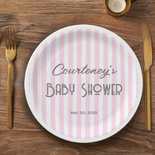 Pink minimalist striped Baby Shower Paper Plate