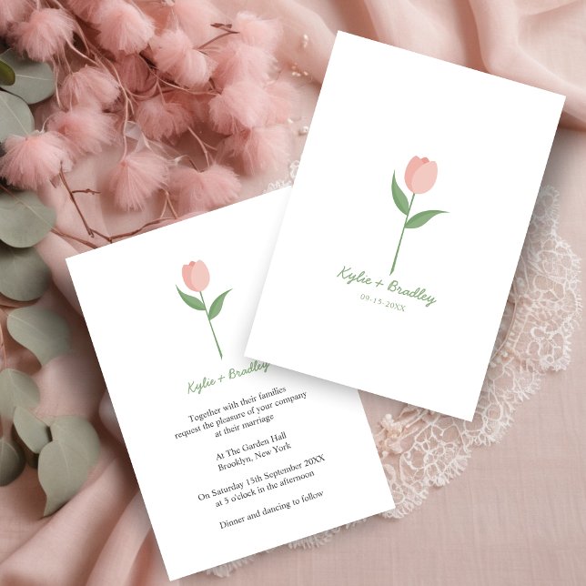 Pink Minimalist Tulip Invitation (This minimalist design with a pink tulip is elegant and simple as the current trend in weddings.)