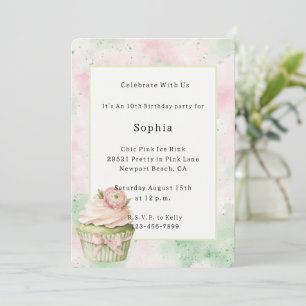 Pink Mint Abstract Flower Cupcake Birthday   Invitation