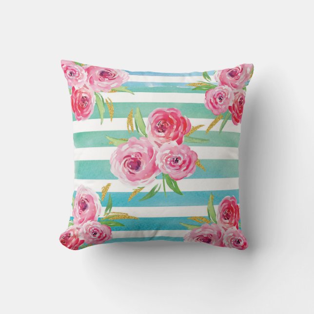 Pink, Mint and Gold floral Pillow. Cushion (Front)
