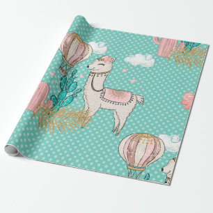Pink, Mint and Gold Glitter Desert Steampunk Llama Wrapping Paper