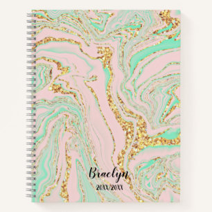 Pink Mint and Gold Marbling Notebook