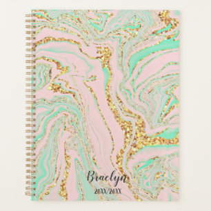 Pink Mint and Gold Marbling Personalised Monogram Planner