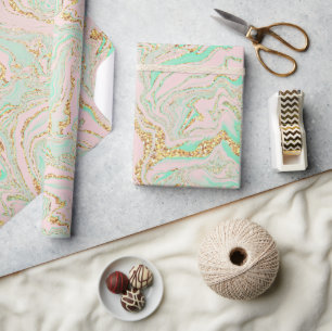 Pink Mint and Gold Marbling Wrapping Paper