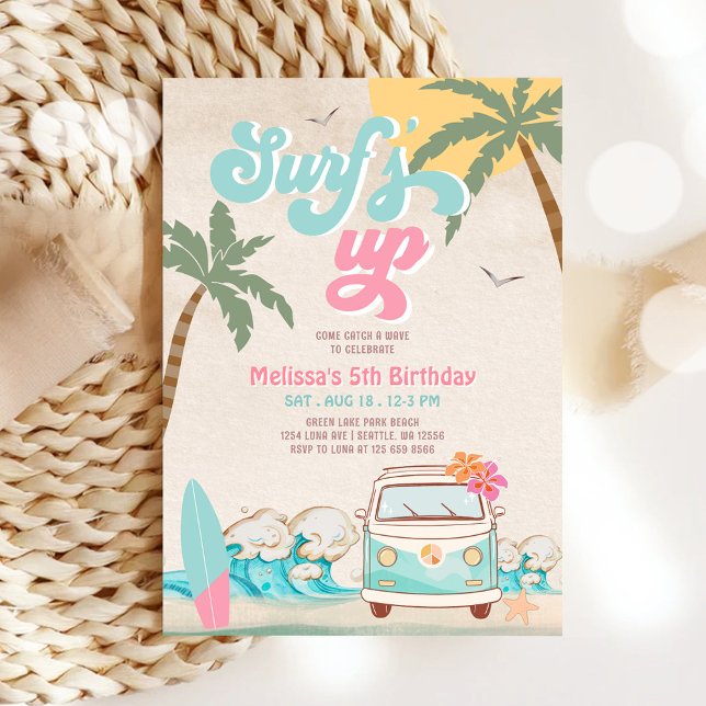 Pink Mint Aqua Girl Surf's Up Surfing Birthday Invitation (Creator Uploaded)