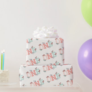 Pink & Mint Baby Ducks One Photo Girl 1st Birthday Wrapping Paper
