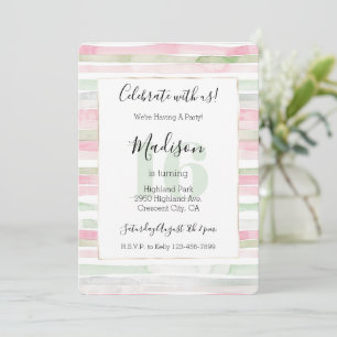 Pink Mint Blush Stripes 16th Birthday Invitation