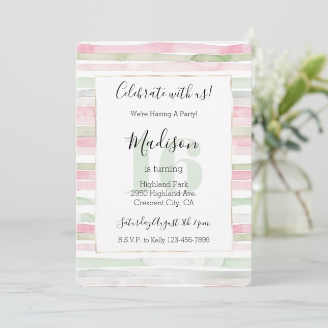 Pink Mint Blush Stripes 16th Birthday Invitation (Standing Front)