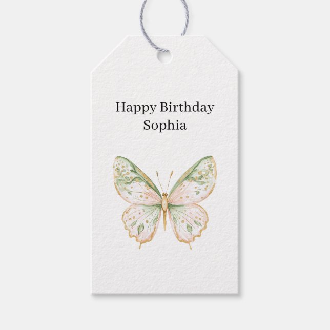 Pink Mint Butterfly Birthday Gift Tags (Front)