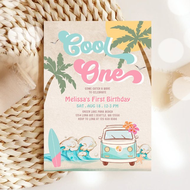 Pink Mint Cool ONE Surfing 1st Birthday Invitation (Creator Uploaded)