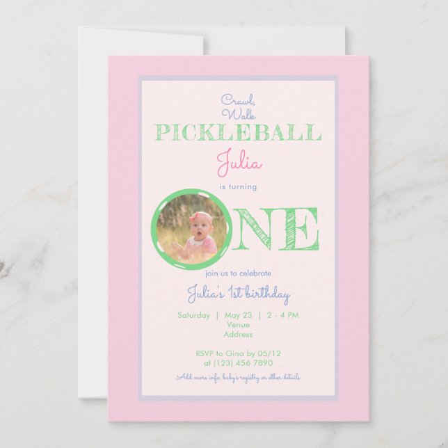 Pink Mint Crawl Walk Pickleball Theme 1st Birthday Invitation (Front)