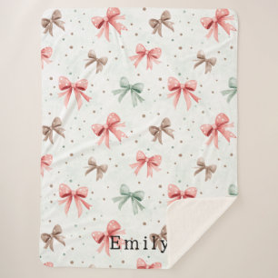 Pink Mint Cream Dots & Bows Christmas Sherpa Blanket
