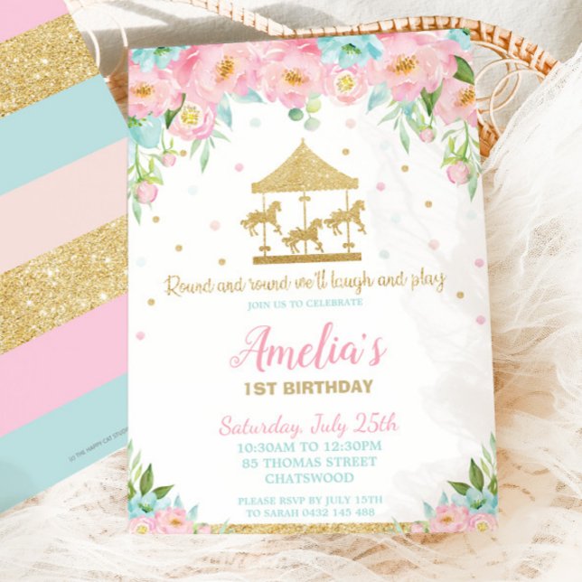 Pink Mint Floral Carousel 1st Birthday Girl Invitation (Creator Uploaded)